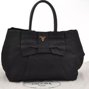 AUTH PRADA Vintage Ribbon Nylon Tessuto Leather Tote Bag Handbag Black